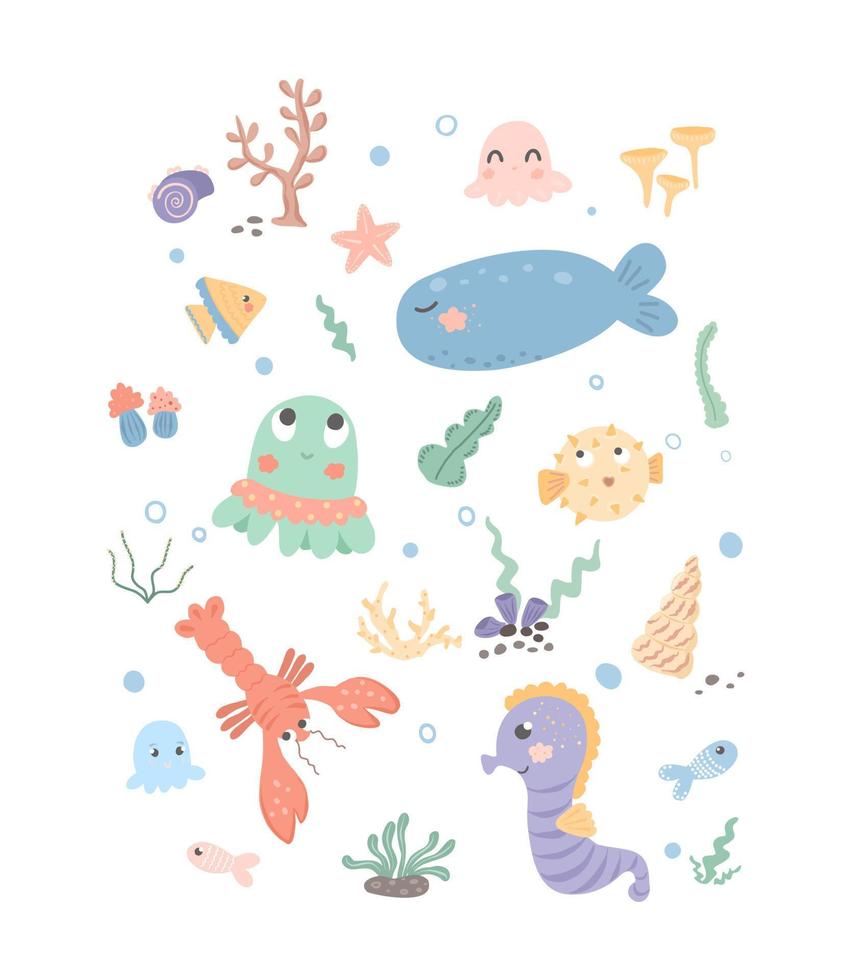 set met zeedieren. stripfiguren van de onderwater world.vector geïsoleerde illustratie op witte achtergrond. vector