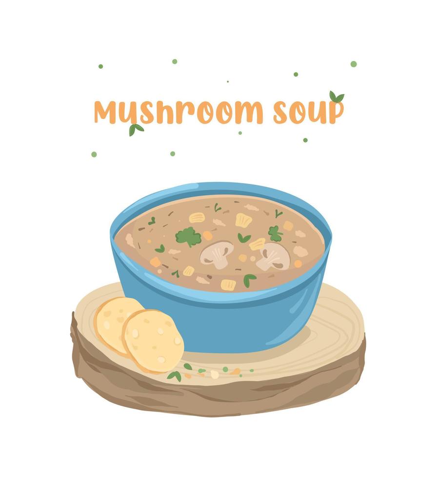 champignonsoep in een blauwe kom. soep met verse groenten. illustratie voor menu's, advertenties, websites. vector