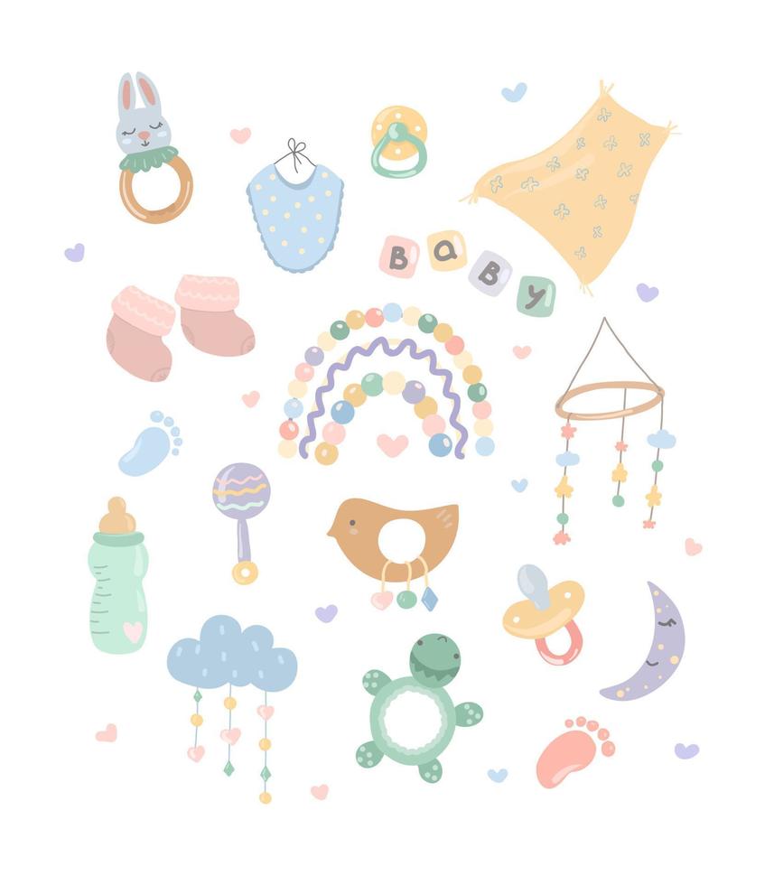 set handgetekende babyaccessoires. tepels, rammelaars, knaagdieren. leuke elementen van kinderdecor vector