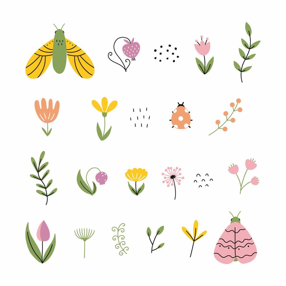 set sticker met bloem en vlinder. schattige doodle illustratie. lente en zomer badge voor designer ansichtkaart. vector