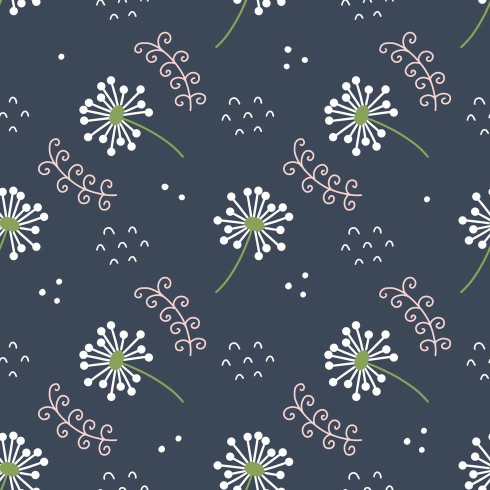 naadloos patroon om op stof af te drukken. schattig bloemenmotief. takjes en paardenbloem. schattige bloem op donkerblauwe achtergrond. vector hand getekend behang