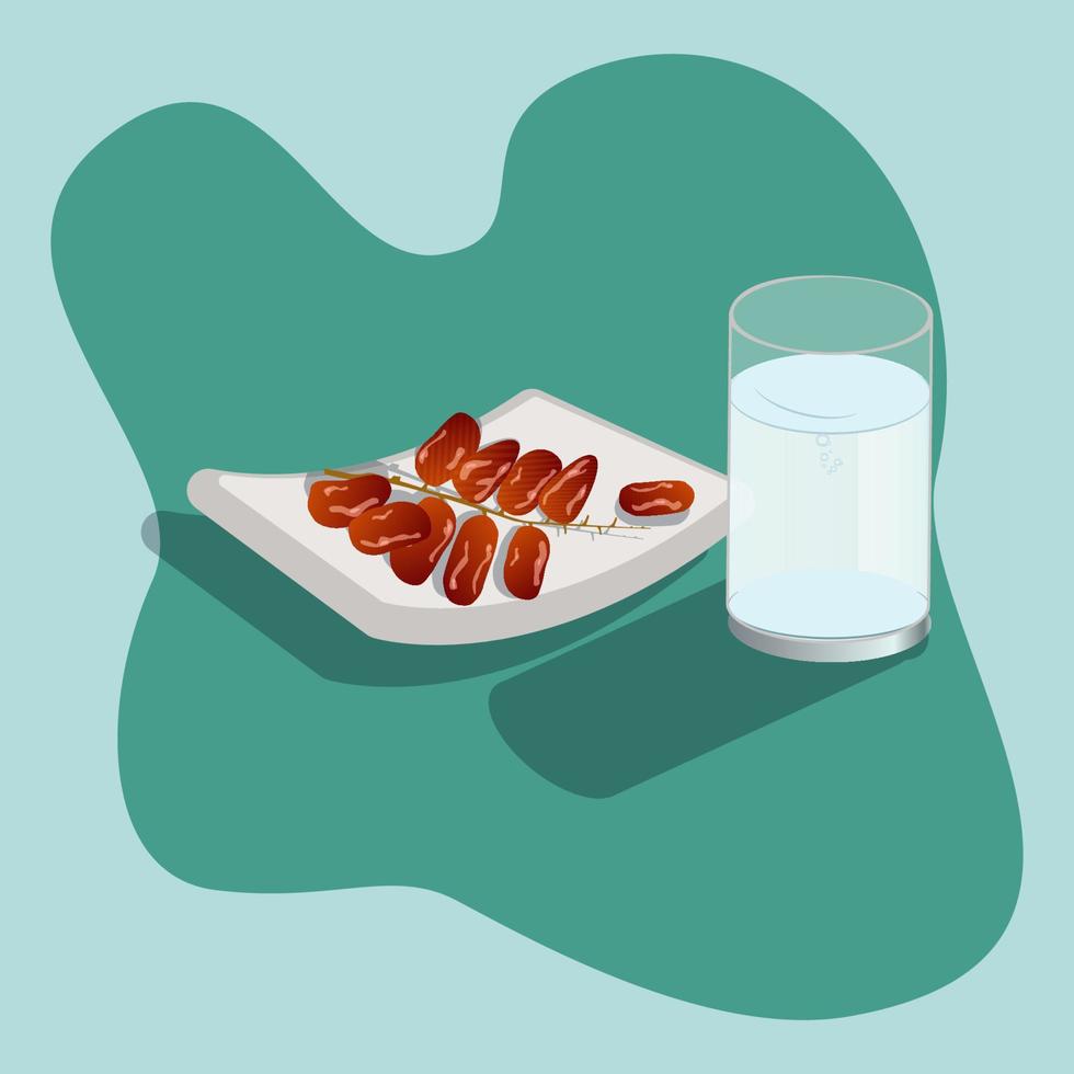 dadels palm fruit op plaat met een glas water vectorillustratie. het vasten van de ramadan verbreken vector