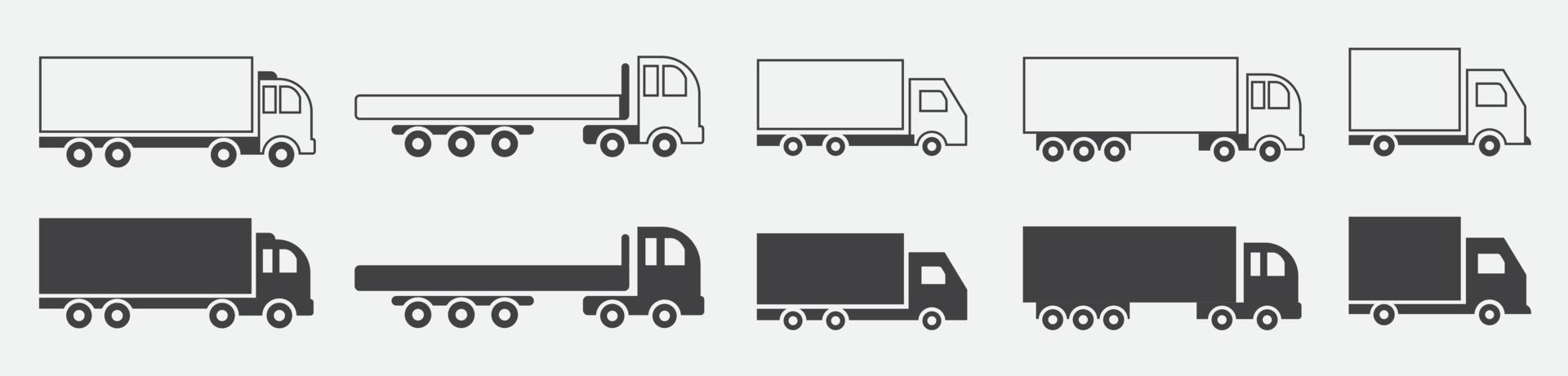 set vrachtwagen zwarte vector iconen illustratie en zeer fijne tekeningen op witte achtergrond