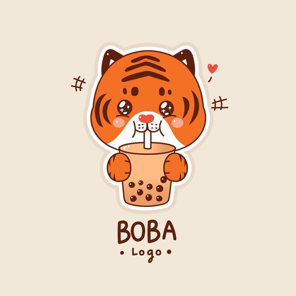 schattige tijgercartoon die boba-melkthee drinkt. logo cartoon vector