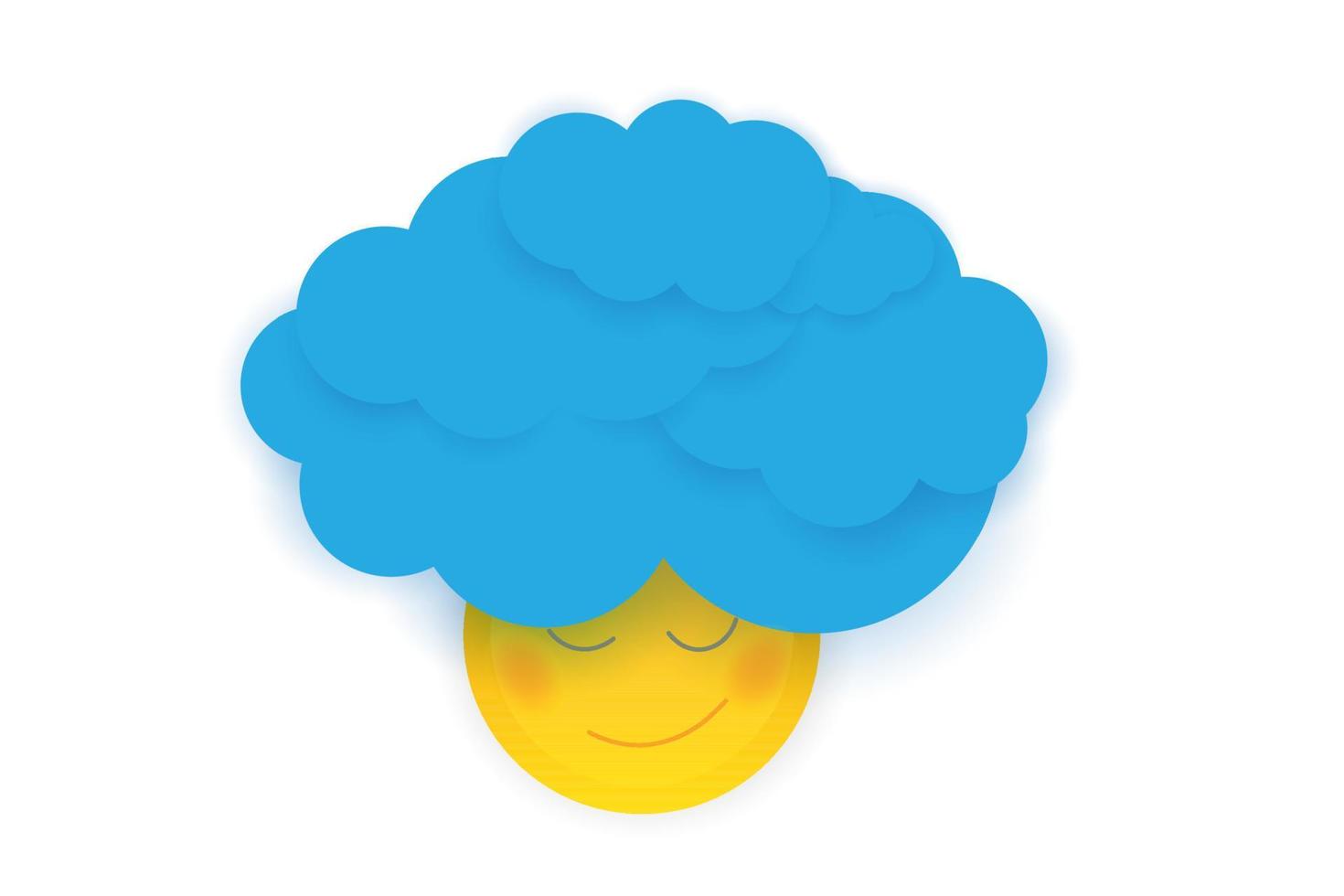 lachend zonkarakter met krullend haar gemaakt van blauwe wolken. vector