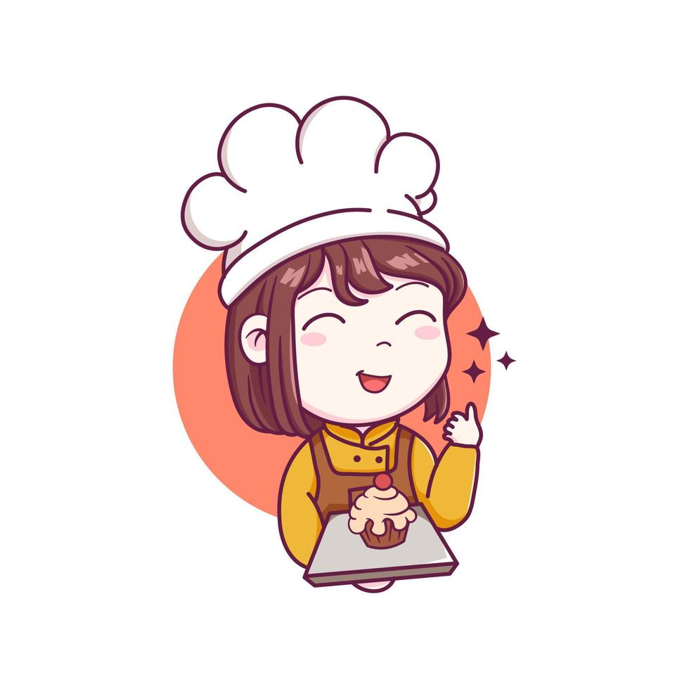 schattig bakkerij chef-kok meisje welkom lachend cartoon kunst illustratie logo. vector