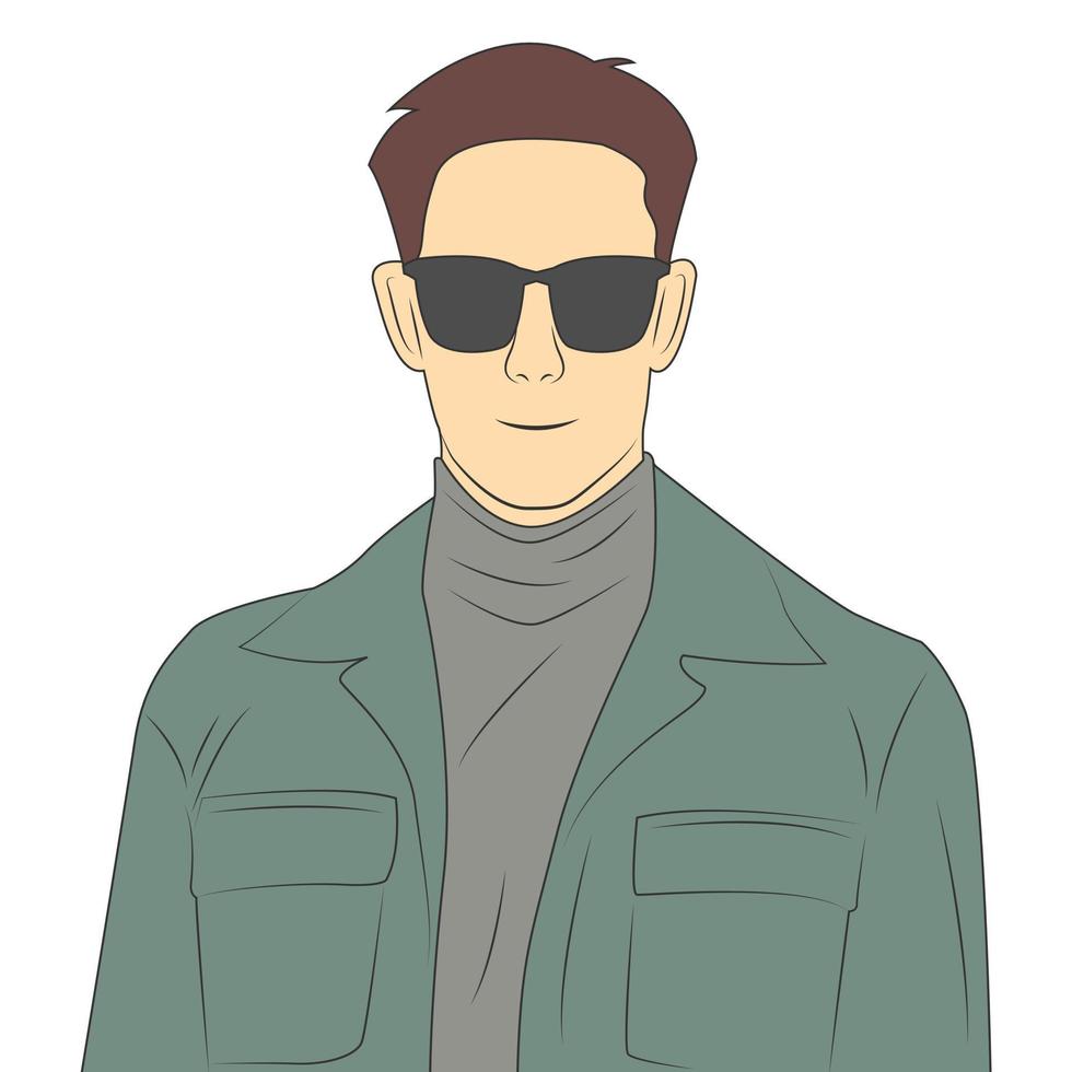 portret van een knap mannelijk personage met een zonnebril in platte tekenfilmstijl vector