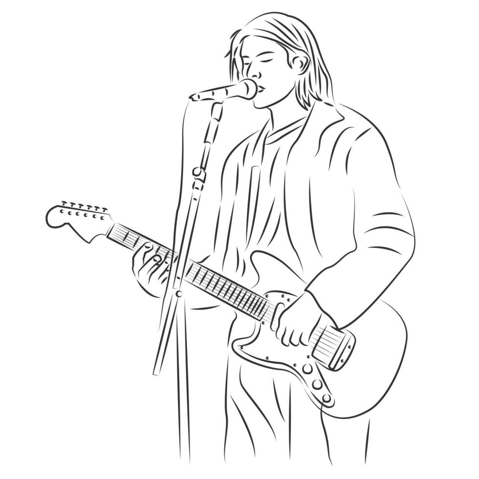 kurt cobain met gitaar in lijnkunststijl vector