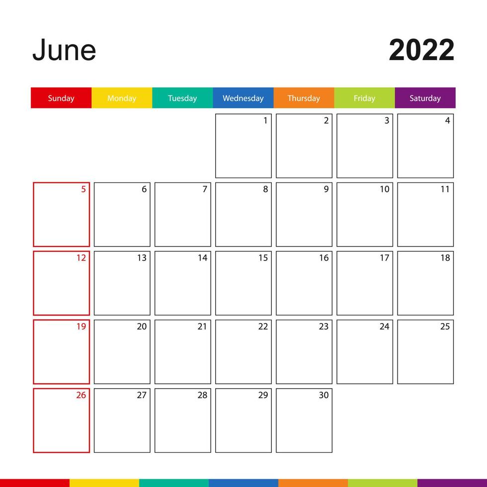 juni 2022 kleurrijke wandkalender, week begint op zondag. vector