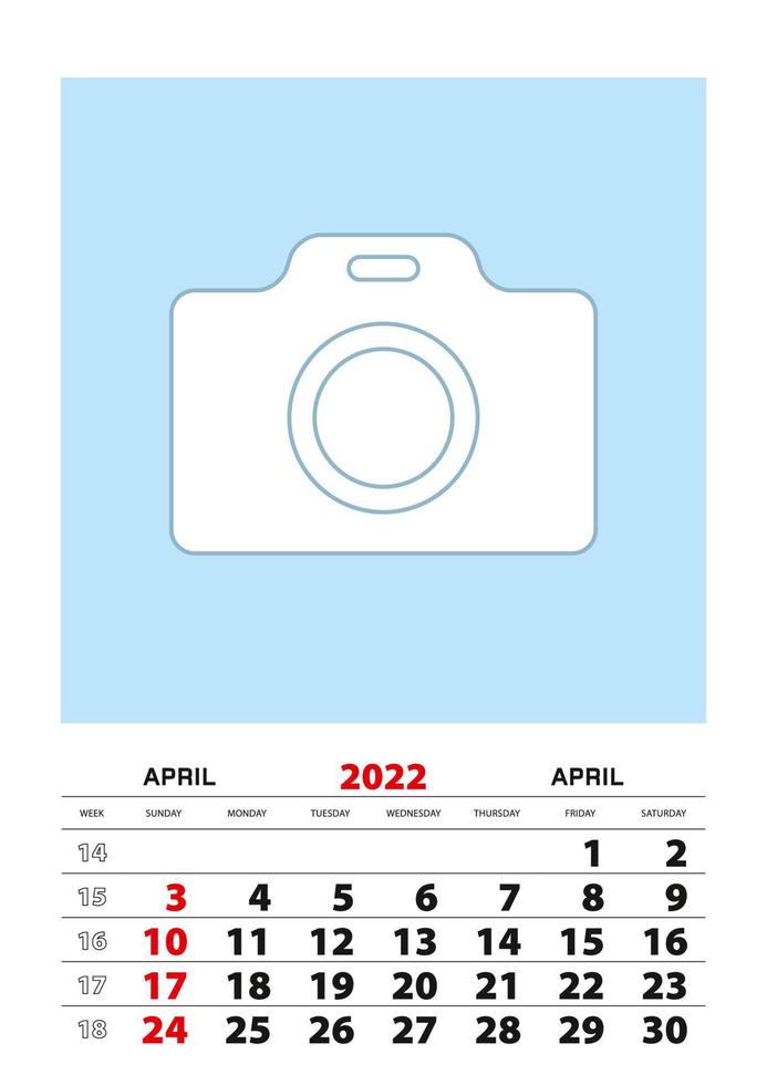 april 2022 kalenderplanner a3 formaat met plaats voor je foto. vector