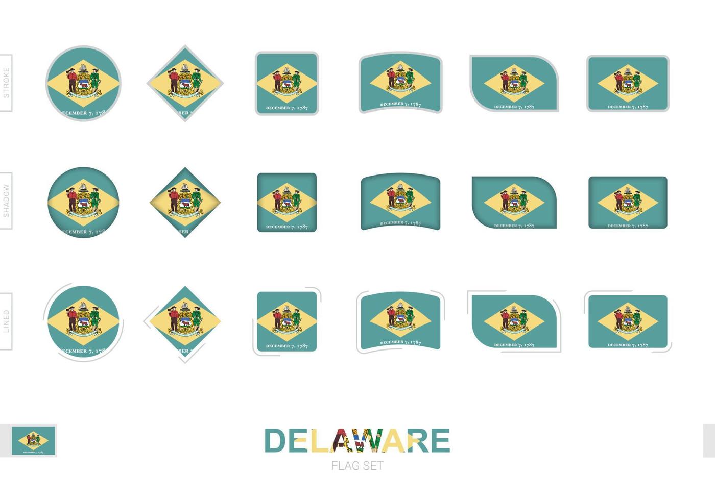 delaware vlaggenset, eenvoudige vlaggen van delaware met drie verschillende effecten. vector