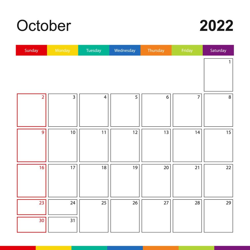 oktober 2022 kleurrijke wandkalender, week begint op zondag. vector