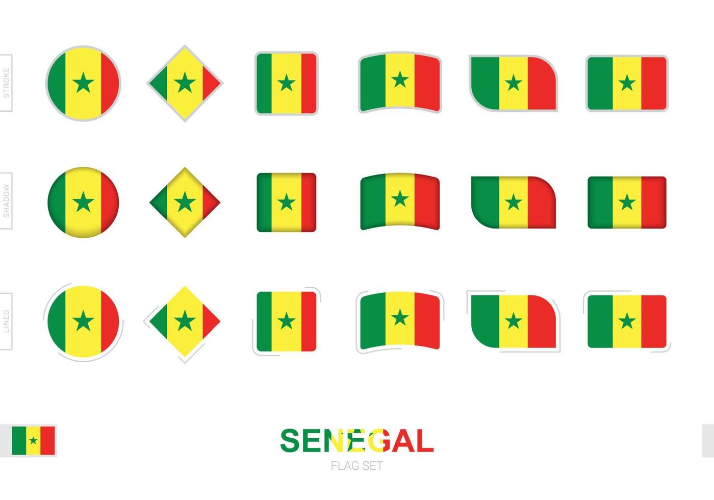 Senegal vlaggenset, eenvoudige vlaggen van Senegal met drie verschillende effecten. vector