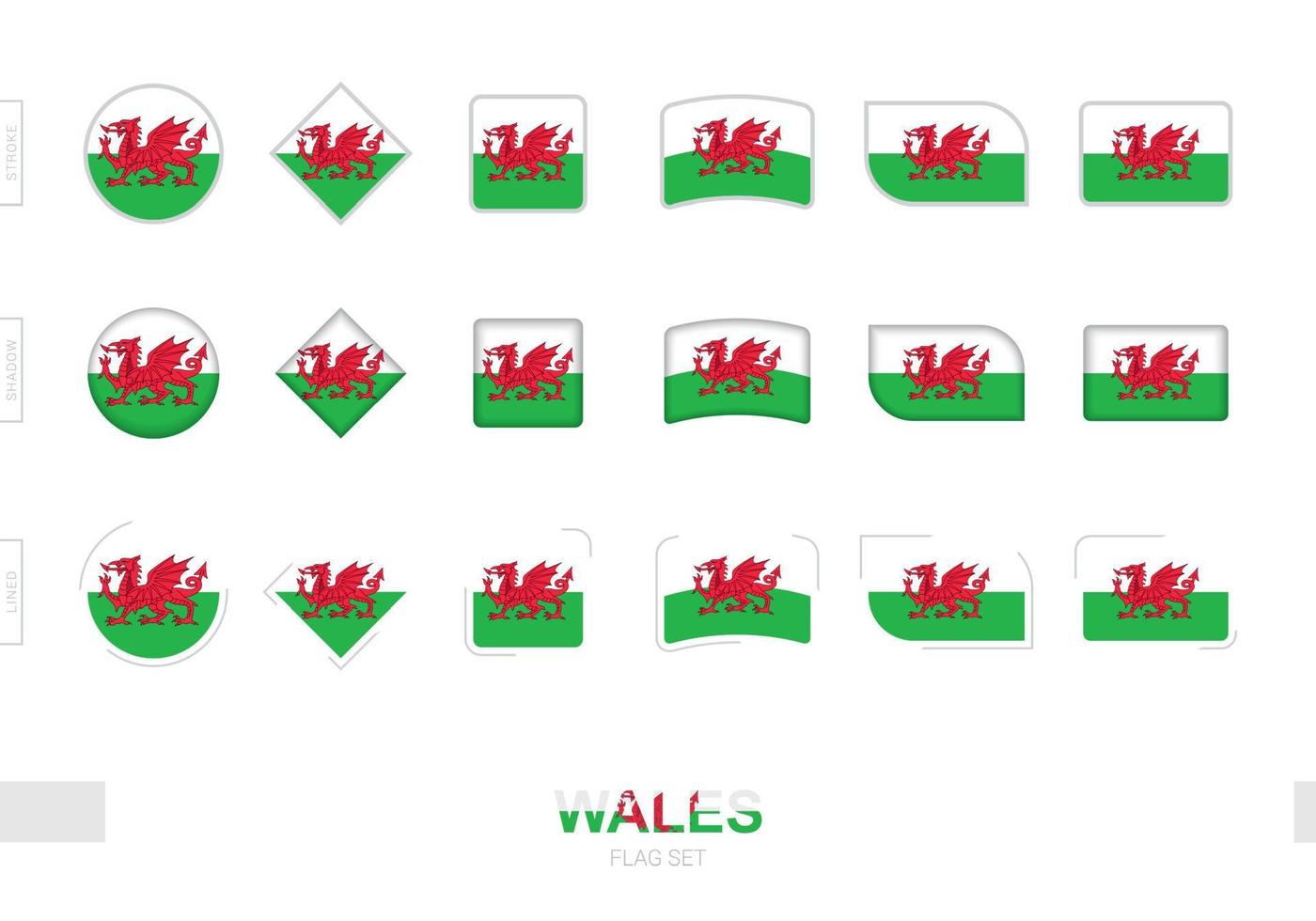 wales vlaggenset, eenvoudige vlaggen van wales met drie verschillende effecten. vector