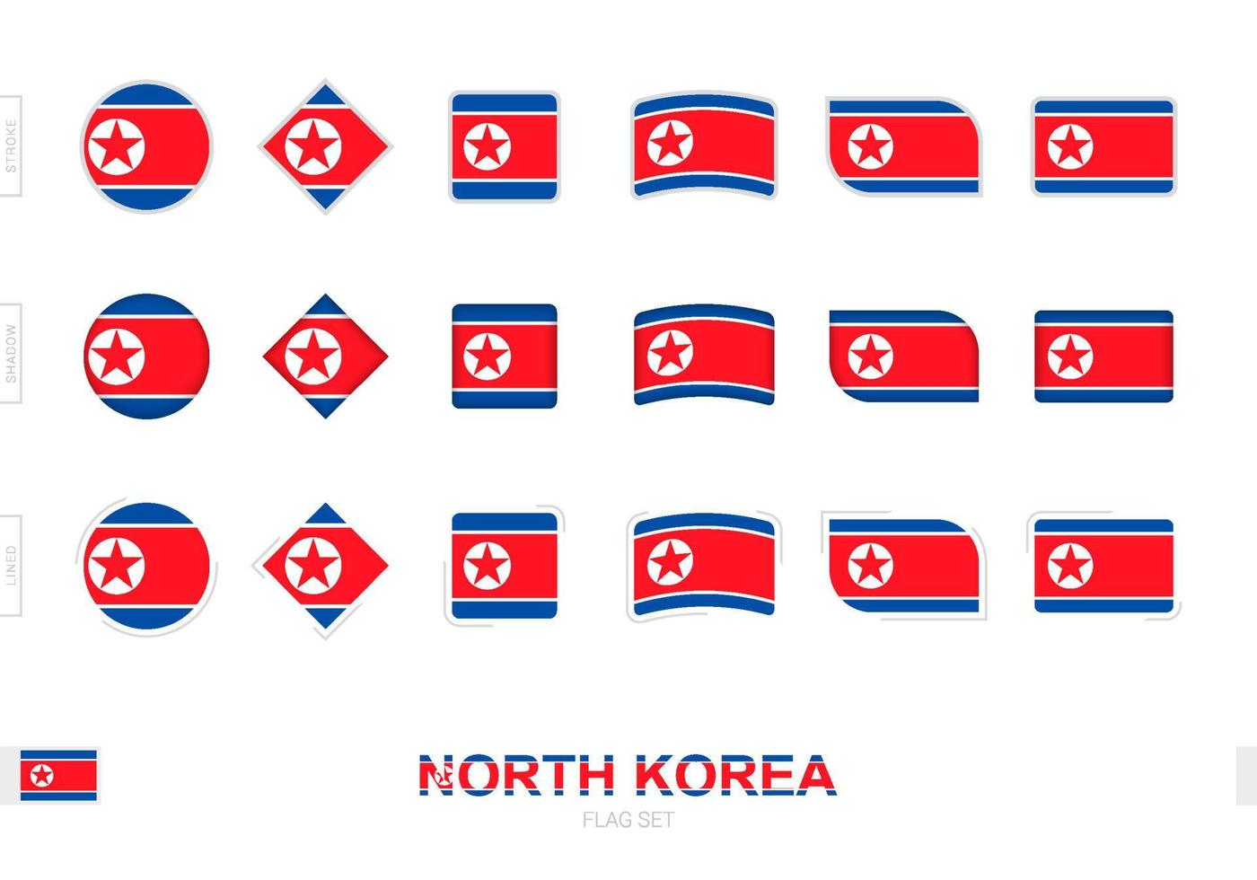 Noord-Korea vlaggenset, eenvoudige vlaggen van Noord-Korea met drie verschillende effecten. vector