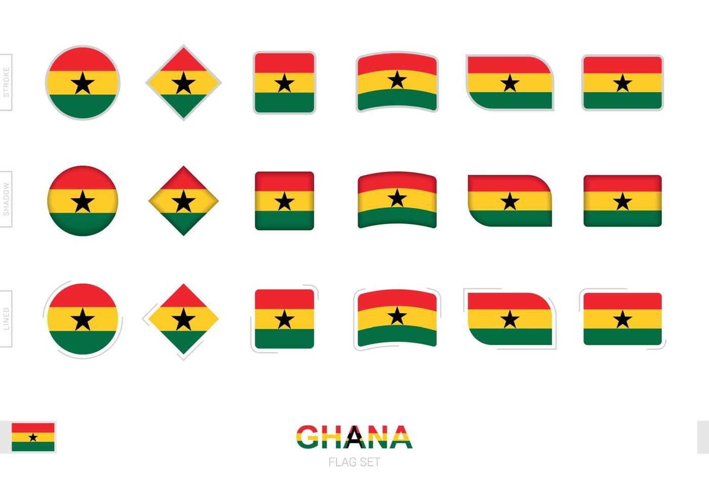 ghana vlaggenset, eenvoudige vlaggen van ghana met drie verschillende effecten. vector