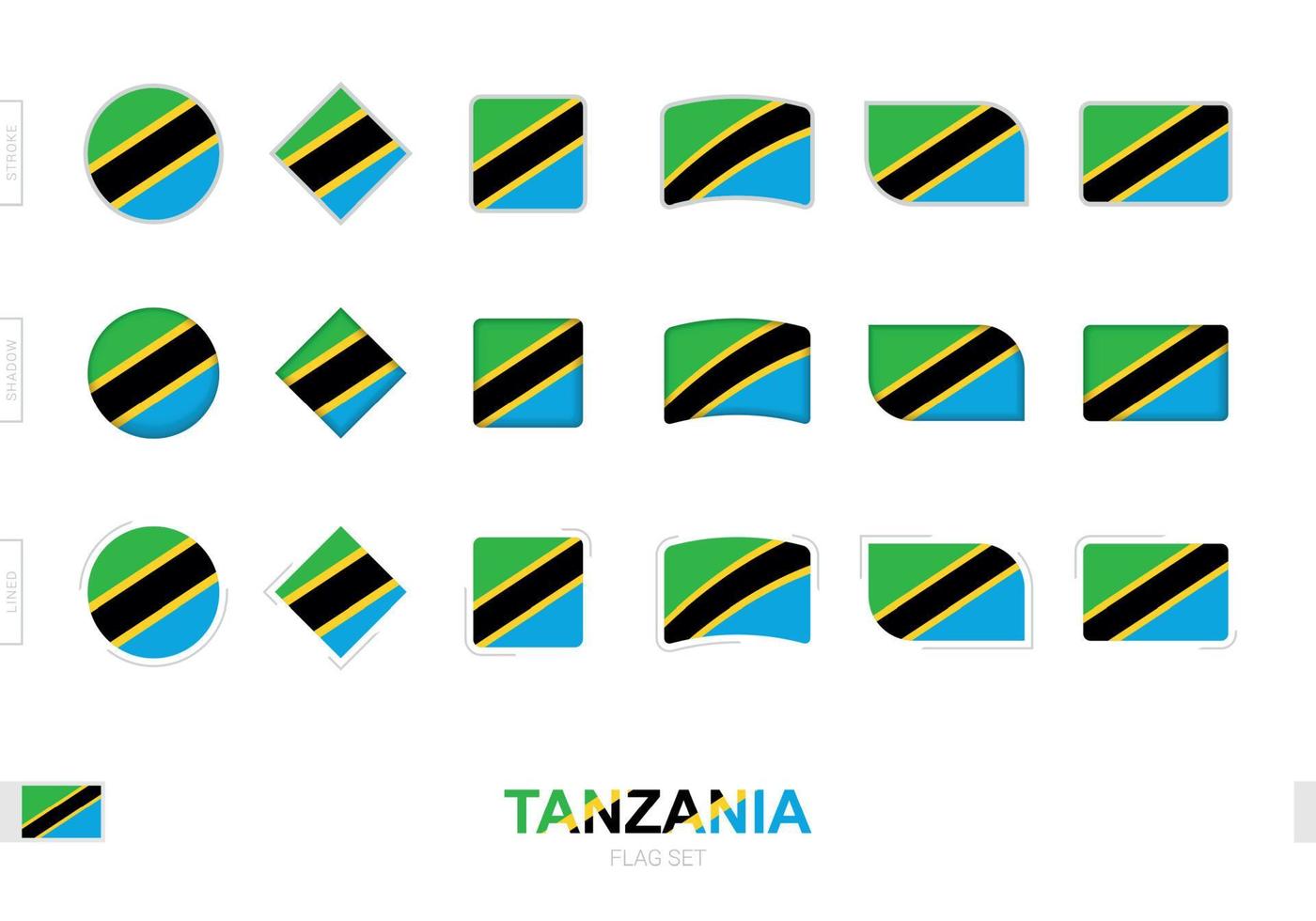 Tanzania vlag set, eenvoudige vlaggen van Tanzania met drie verschillende effecten. vector