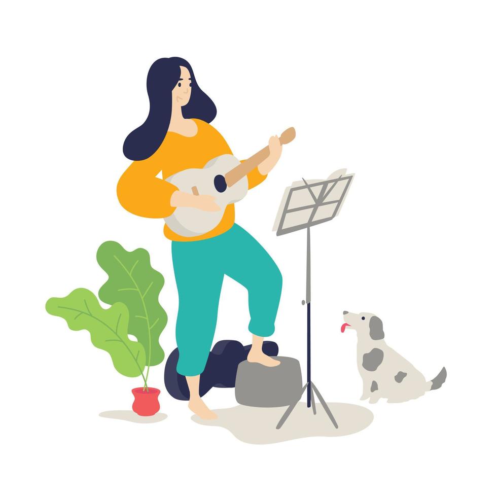 illustratie van een meisje dat een akoestische gitaar speelt. vector. platte cartoonstijl. muzieklessen. de hond luistert naar het spel van de gastvrouw op een muziekinstrument. thuis studeren en studeren. hobby. vector