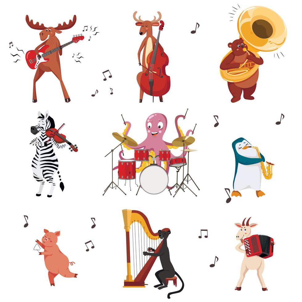 verzameling van schattige dieren cartoon muzikanten met gitaar, fluit, drums, viool, sax. platte kinderachtig vectorillustratie. vector