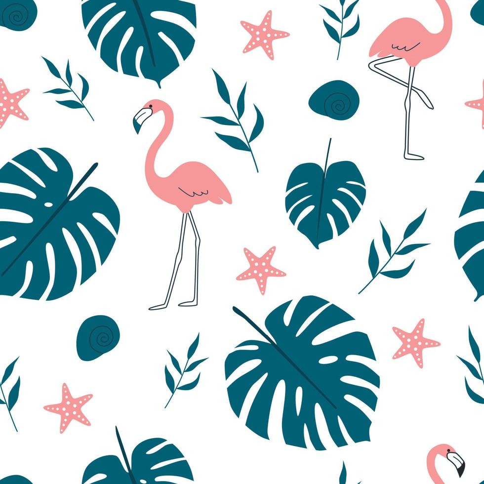 zomer patroon. vector naadloos patroon met zomersymbolen, zoals flamingo, tropische bladeren en zeester in doodle-stijl. geïsoleerd op wit.