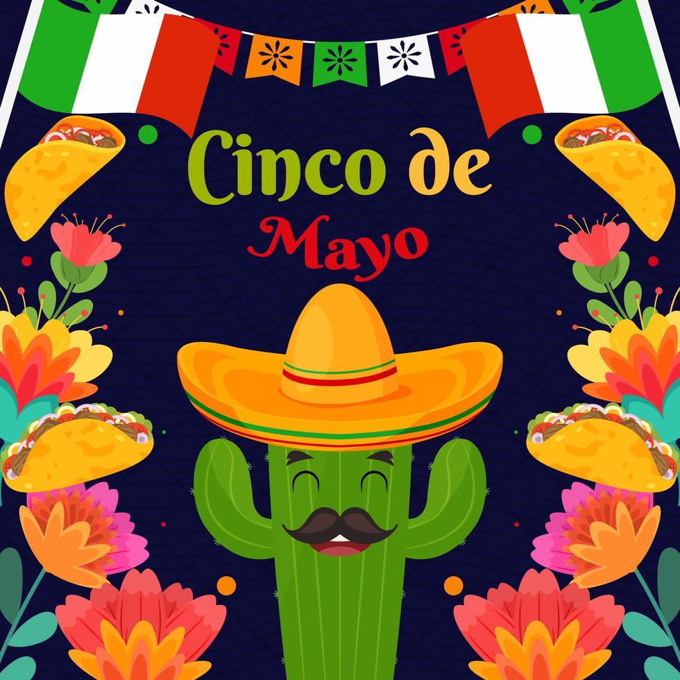 platte cinco de mayo festival vakantiecactus met sombrero achtergrond vector