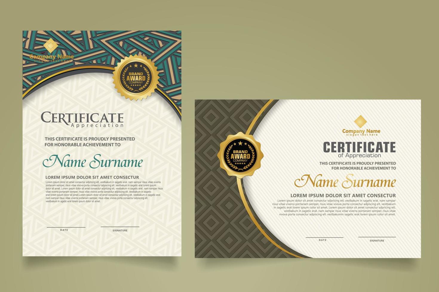 moderne certificaatsjabloon instellen met dynamische en futuristische textuur op curve-ornament en moderne patroonachtergrond vector