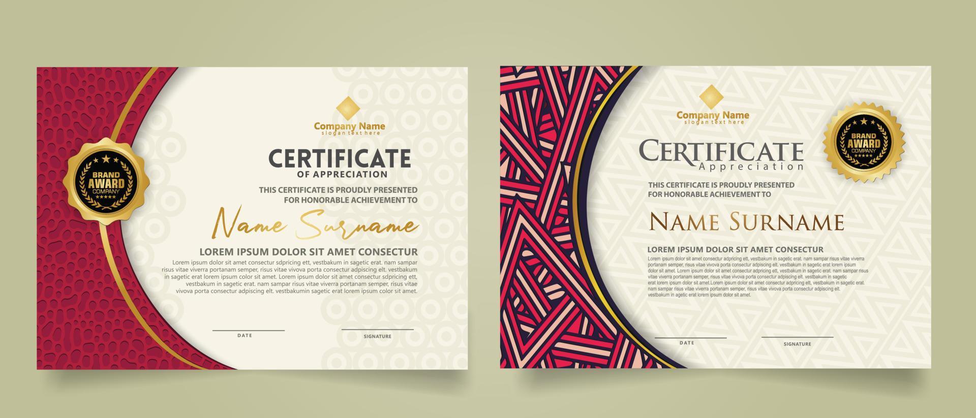 moderne certificaatsjabloon instellen met dynamische en futuristische textuur op curve-ornament en moderne patroonachtergrond vector