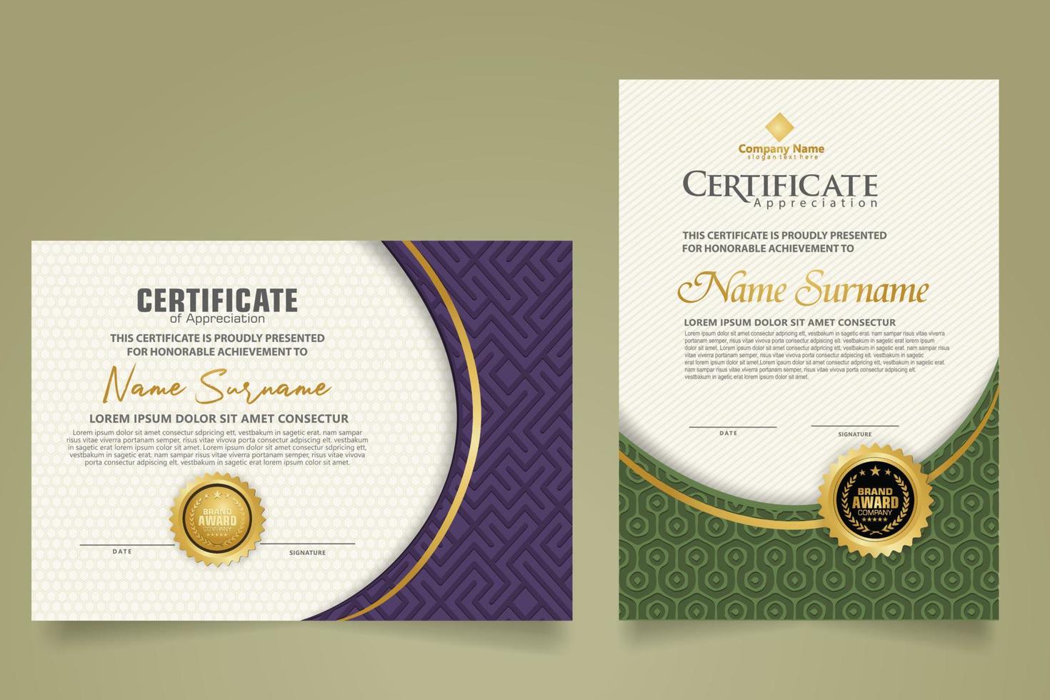 moderne certificaatsjabloon instellen met dynamische en futuristische textuur op curve-ornament en moderne patroonachtergrond vector