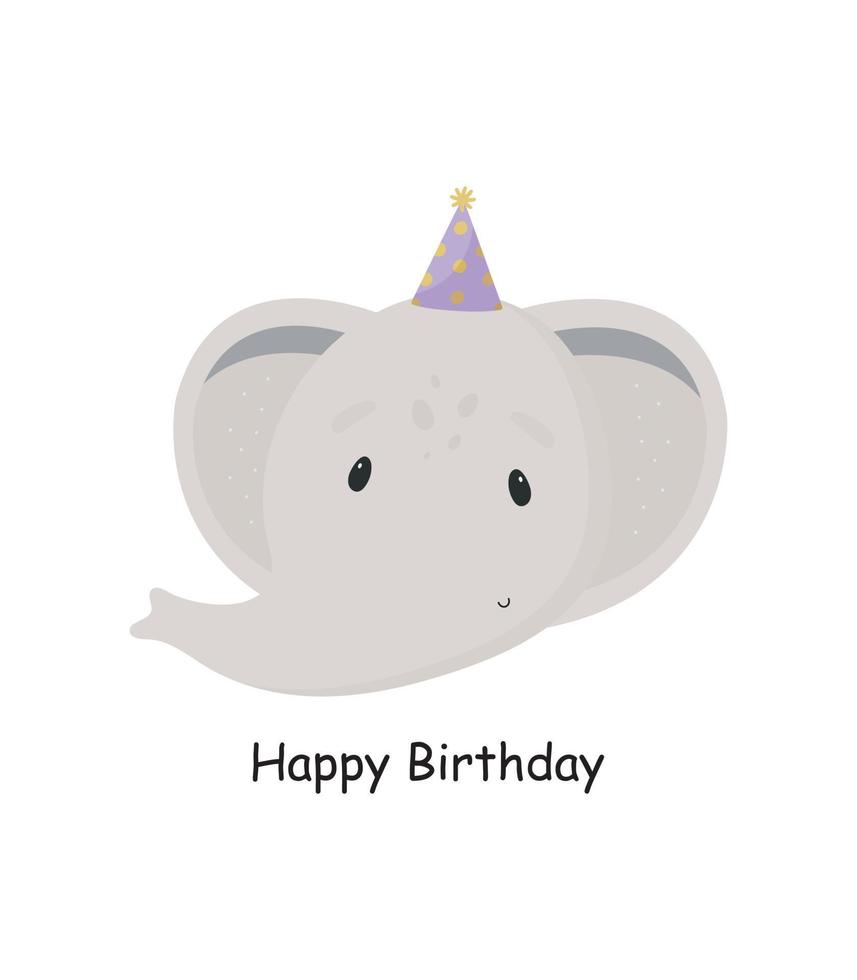 verjaardagsfeestje, wenskaart, uitnodiging voor feest. kinderen illustratie met schattige olifant in cartoon-stijl. vector