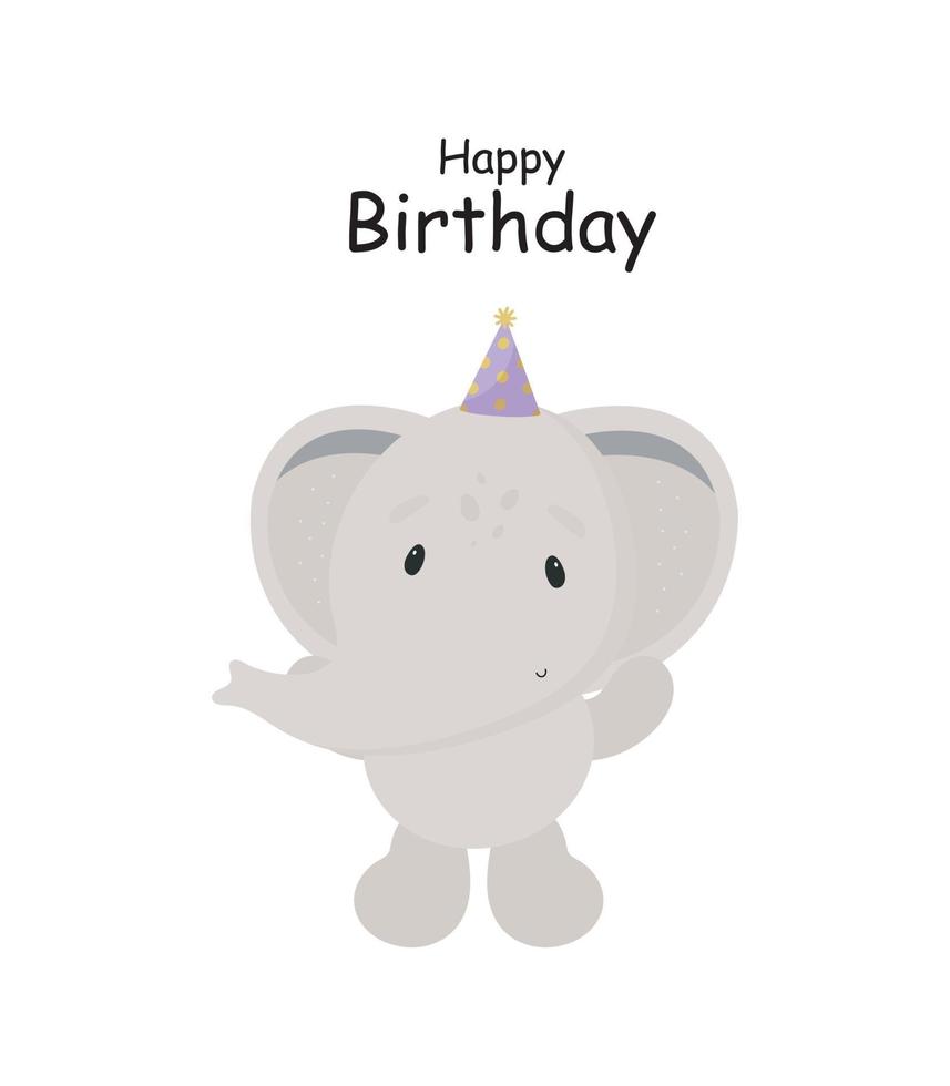 verjaardagsfeestje, wenskaart, uitnodiging voor feest. kinderen illustratie met schattige olifant in cartoon-stijl. vector