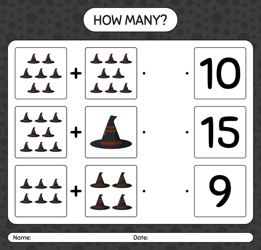 hoeveel telspel met heksenhoed. werkblad voor kleuters, activiteitenblad voor kinderen vector