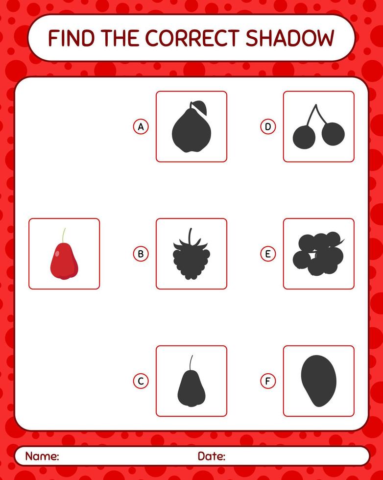 vind het juiste schaduwspel met rozenappel. werkblad voor kleuters, activiteitenblad voor kinderen vector