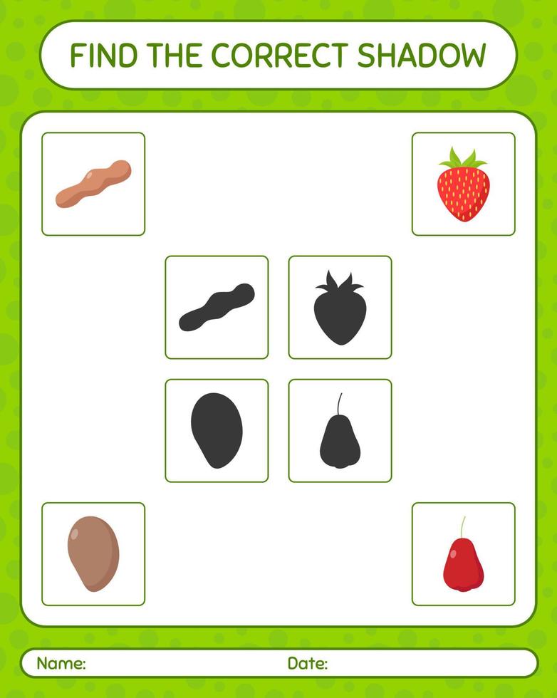 vind het juiste schaduwspel met fruit. werkblad voor kleuters, activiteitenblad voor kinderen vector