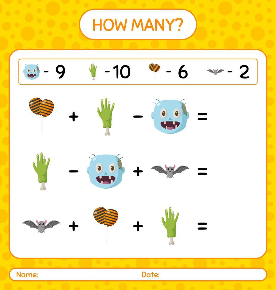 hoeveel telspel met halloween-pictogram. werkblad voor kleuters, activiteitenblad voor kinderen vector