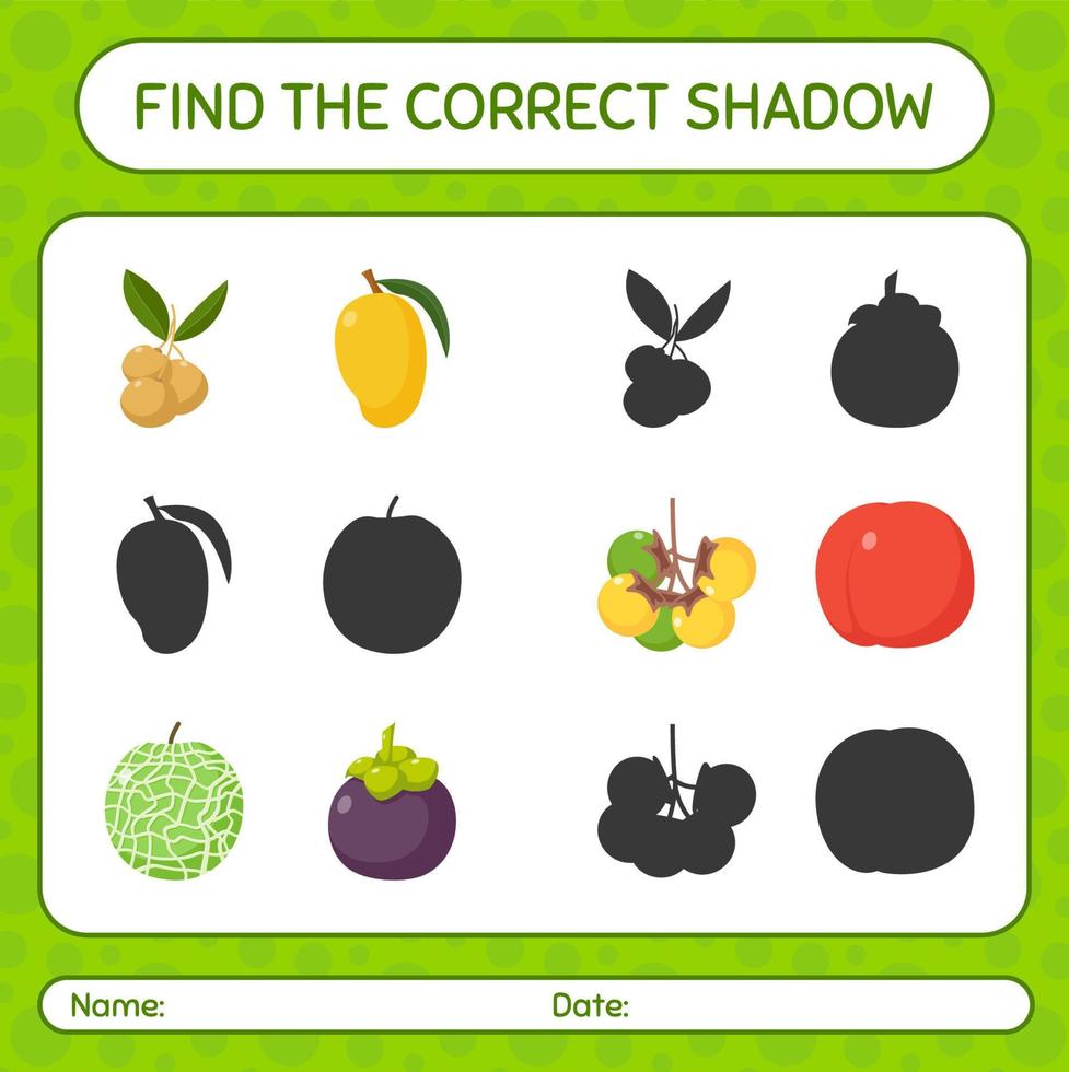 vind het juiste schaduwspel met fruit. werkblad voor kleuters, activiteitenblad voor kinderen vector