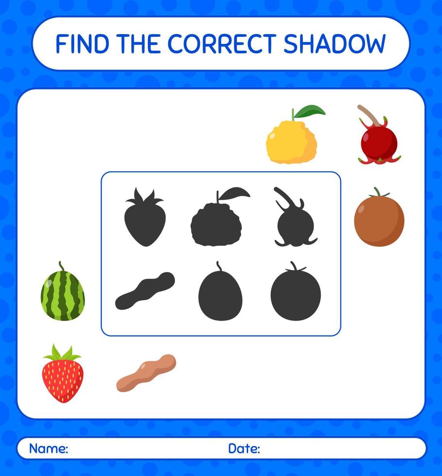 vind het juiste schaduwspel met fruit. werkblad voor kleuters, activiteitenblad voor kinderen vector