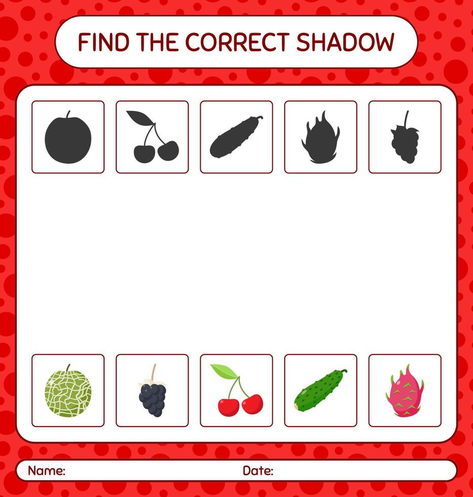 vind het juiste schaduwspel met fruit. werkblad voor kleuters, activiteitenblad voor kinderen vector