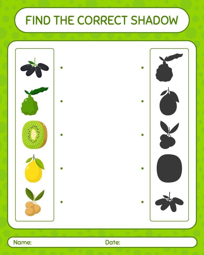 vind het juiste schaduwspel met fruit. werkblad voor kleuters, activiteitenblad voor kinderen vector