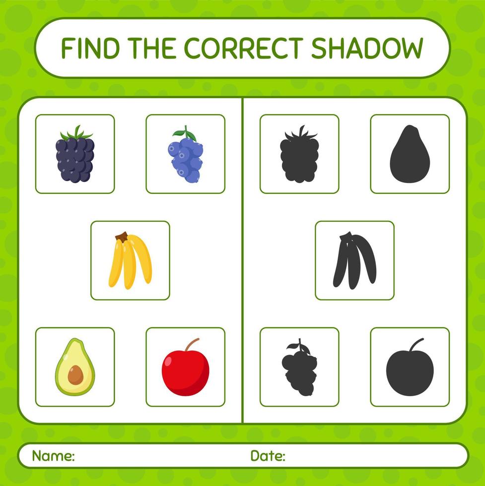 vind het juiste schaduwspel met fruit. werkblad voor kleuters, activiteitenblad voor kinderen vector