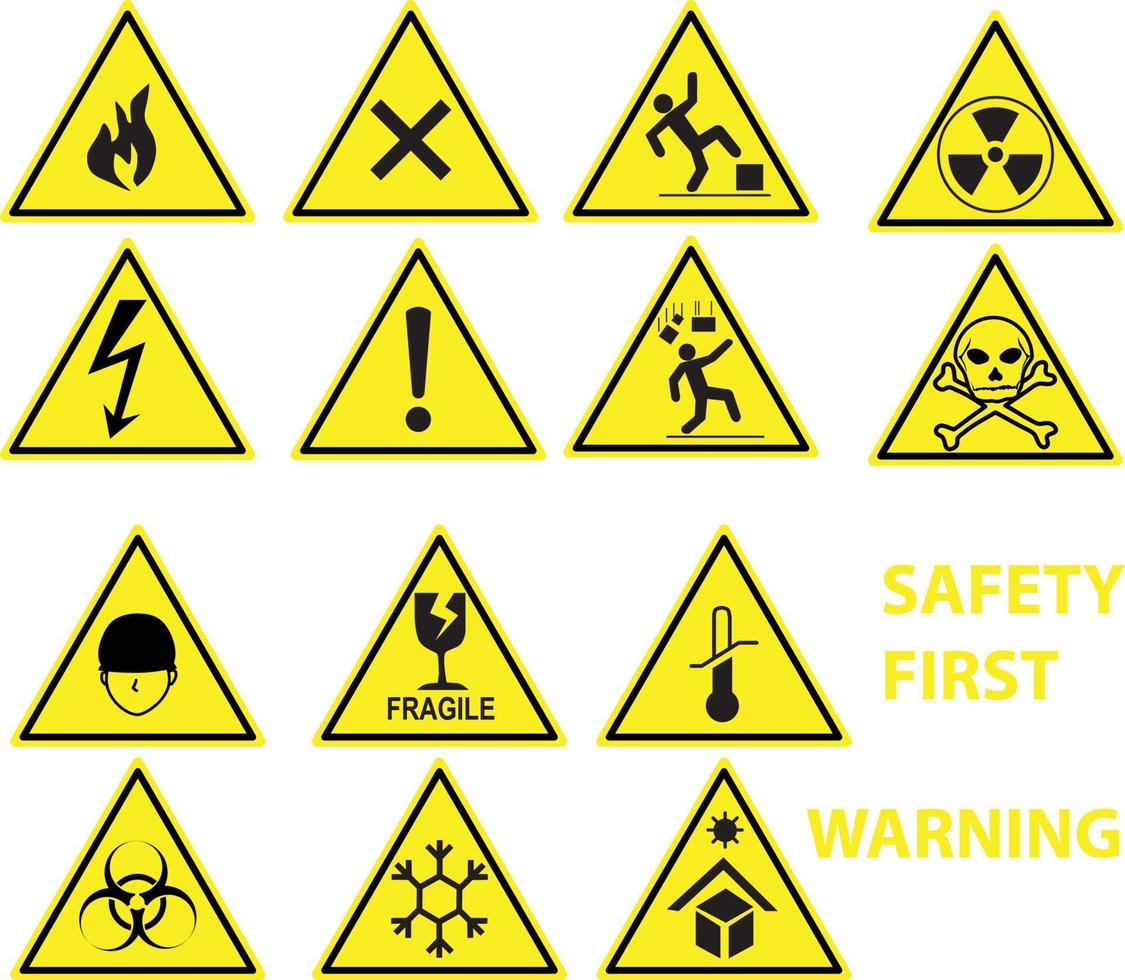driehoekswaarschuwingsbord geel en zwart, verschillende waarschuwingssymbolen, chemische waarschuwing, elektrische waarschuwing, stralingswaarschuwing; vector