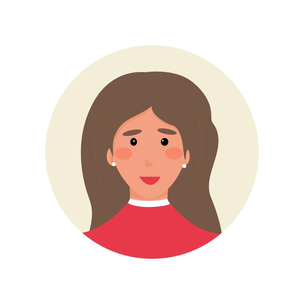 avatar van een jonge bruinharige vrouw met lang haar in een rode jurk. unieke jeugdbadge voor thematische vrouwenforums, e-mails, chatbots, ondersteuning. vectorillustratie. vector