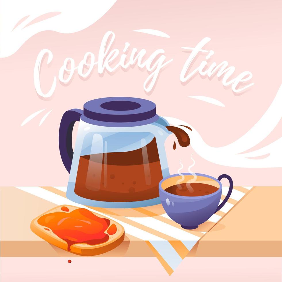 ontbijt met een kopje koffie en toast met jam. ontbijt poster. ansichtkaart. concept met ontbijt. cartoon vectorillustratie. vector