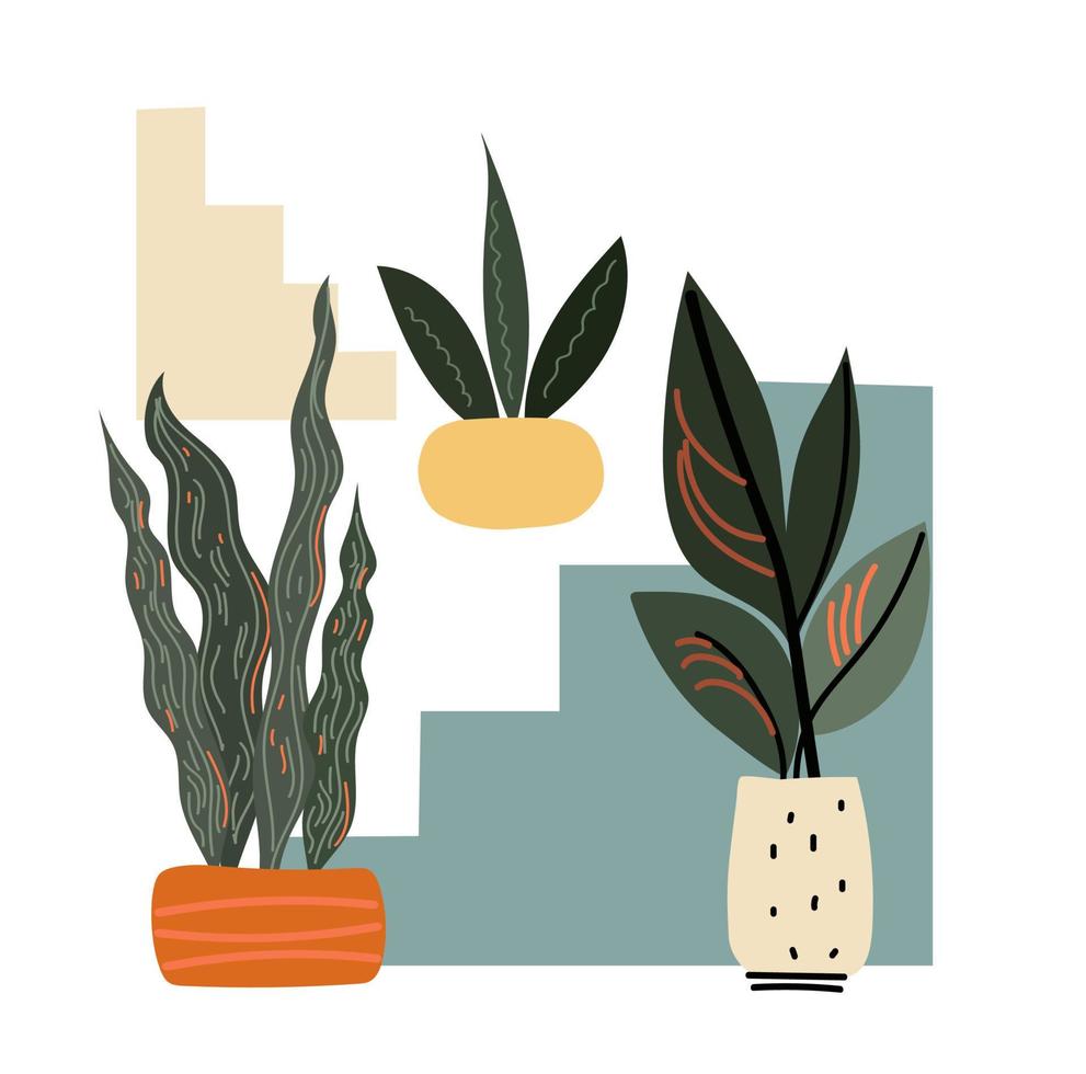 set home plant boho kleuren en getekende cartoon vector design