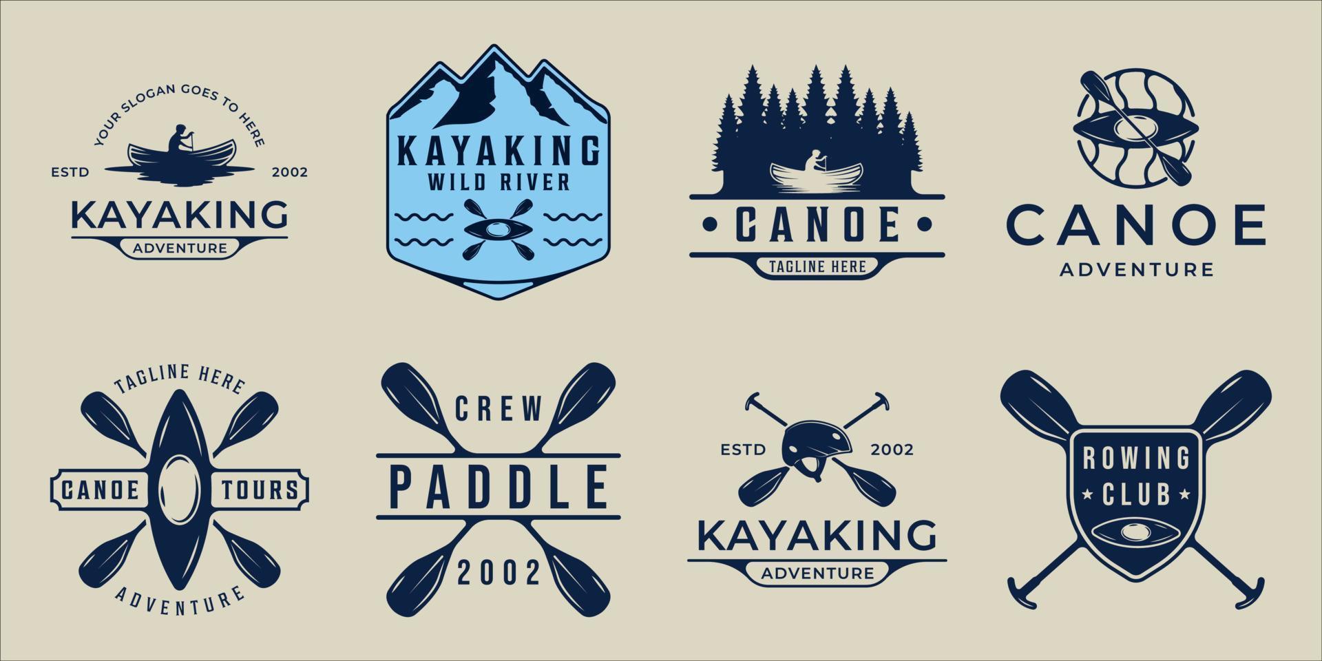 set van kajak of kano logo vector vintage illustratie sjabloon pictogram grafisch ontwerp. bundelverzameling van verschillende peddel- of roeitekens of symbolen voor avontuurlijke sportreizen en zaken