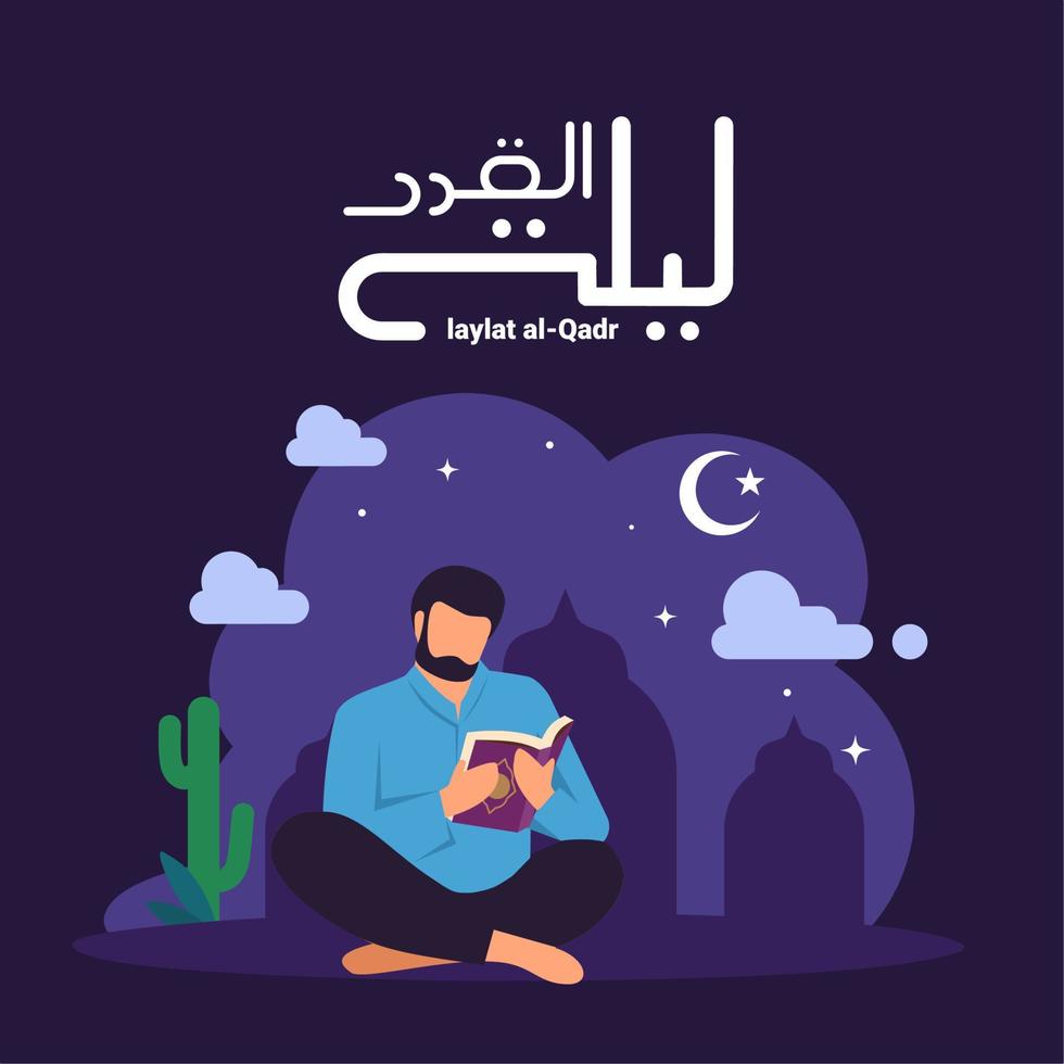 moslim man leest koran tegen nacht achtergrond met wassende maan, sterren en moskee silhouet, vertaling van arabische tekst laylat al-qadr, nacht van vastberadenheid of macht. vectorillustratie. vector