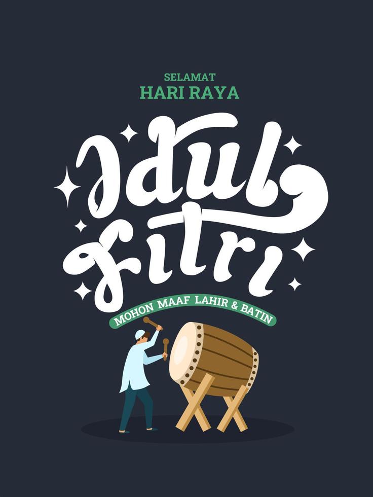 selamat idul fitri typografie. vertaling happy eid al-fitr, met een afbeelding van een jongen die een trommel bespeelt. vector