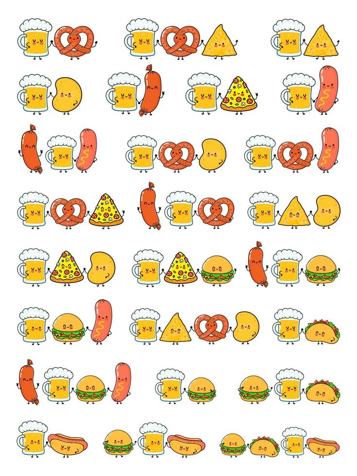 set met schattig, grappig gelukkig glas bier, hotdog, hamburger, taco, krakeling, krakeling, worst, pizza, nacho. vector hand getekend cartoon kawaii tekens pictogram. grappige cartoonbier en fastfood