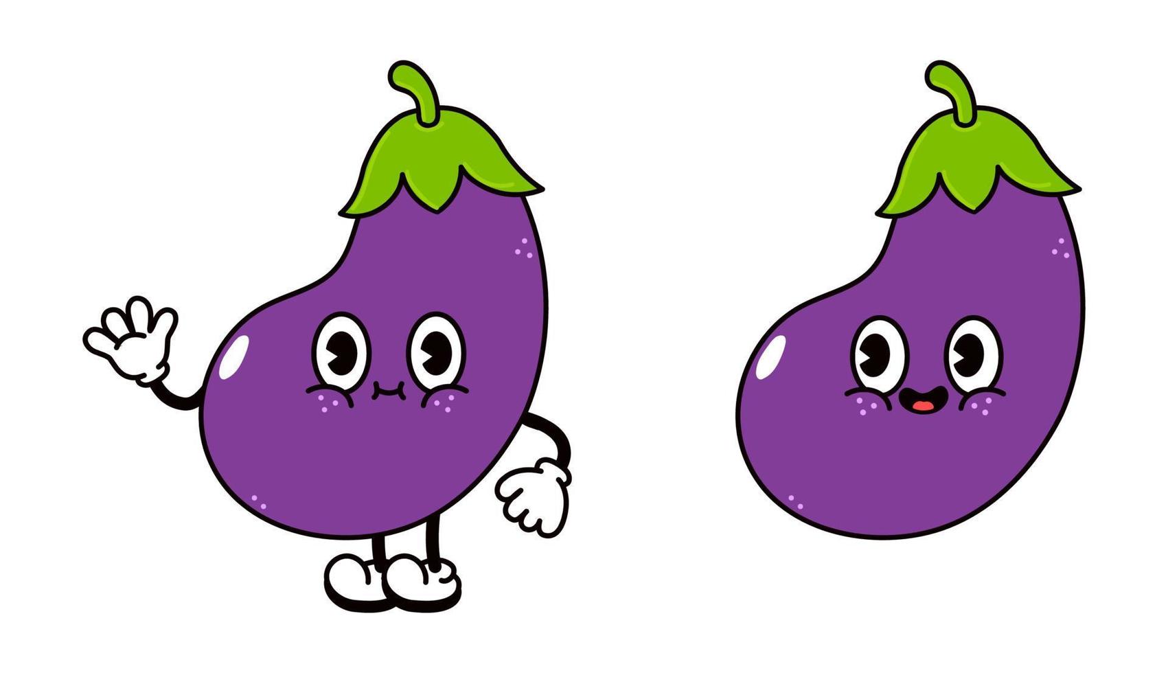 schattig grappig aubergine karakter. vector hand getekend traditionele cartoon vintage, retro, kawaii karakter illustratie pictogram. geïsoleerd op een witte achtergrond. aubergine karakter concept