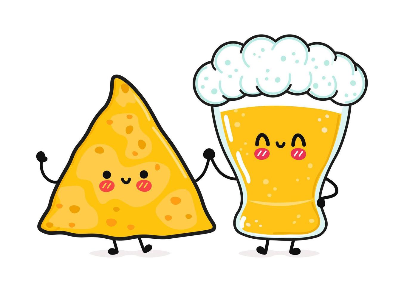 schattig, grappig vrolijk glas bier en nacho's. vector hand getekend kawaii stripfiguren, illustratie pictogram. grappige cartoon glas bier en nacho's mascotte vrienden concept