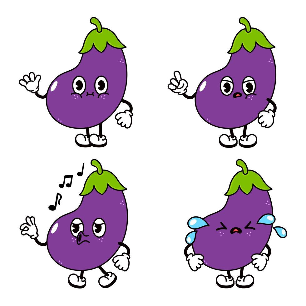 grappige schattige aubergine karakters bundel set. vector hand getrokken doodle stijl traditionele cartoon vintage, retro karakter illustratie pictogram ontwerp. geïsoleerde witte achtergrond. blije aubergine mascotte